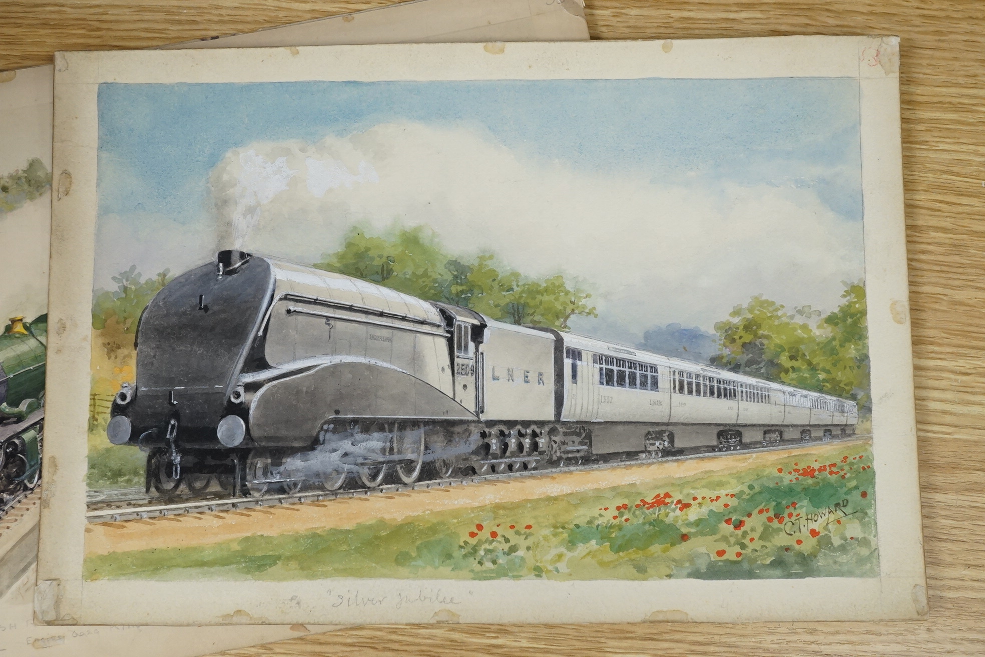 Charles Thomas Howard (1865-1942), set of three watercolours for original postcard designs, steam locomotives, including LNER Class A42509 Silver Link and GWR King Class 6029 King Edward VII, two signed, 22 x 32cm, unfra
